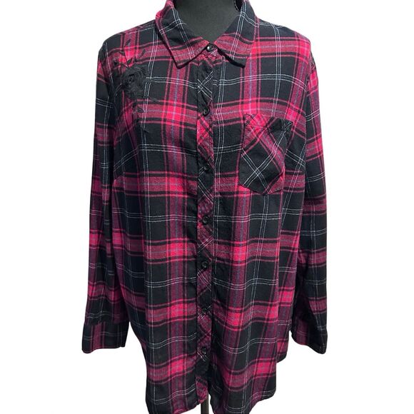 Terra & Sky Red Black Plaid Flannel Button Down Top Plus Size 0X 14W - Picture 1 of 11